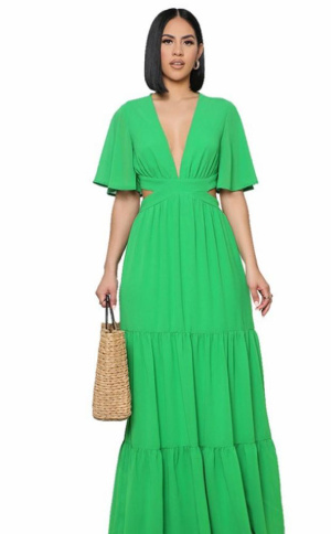 GREEN MAXI BAT OUT DRESS